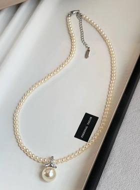 施家真多麻灰澳白色珍珠项链女轻奢小众精致微镶锆石吊坠锁骨链