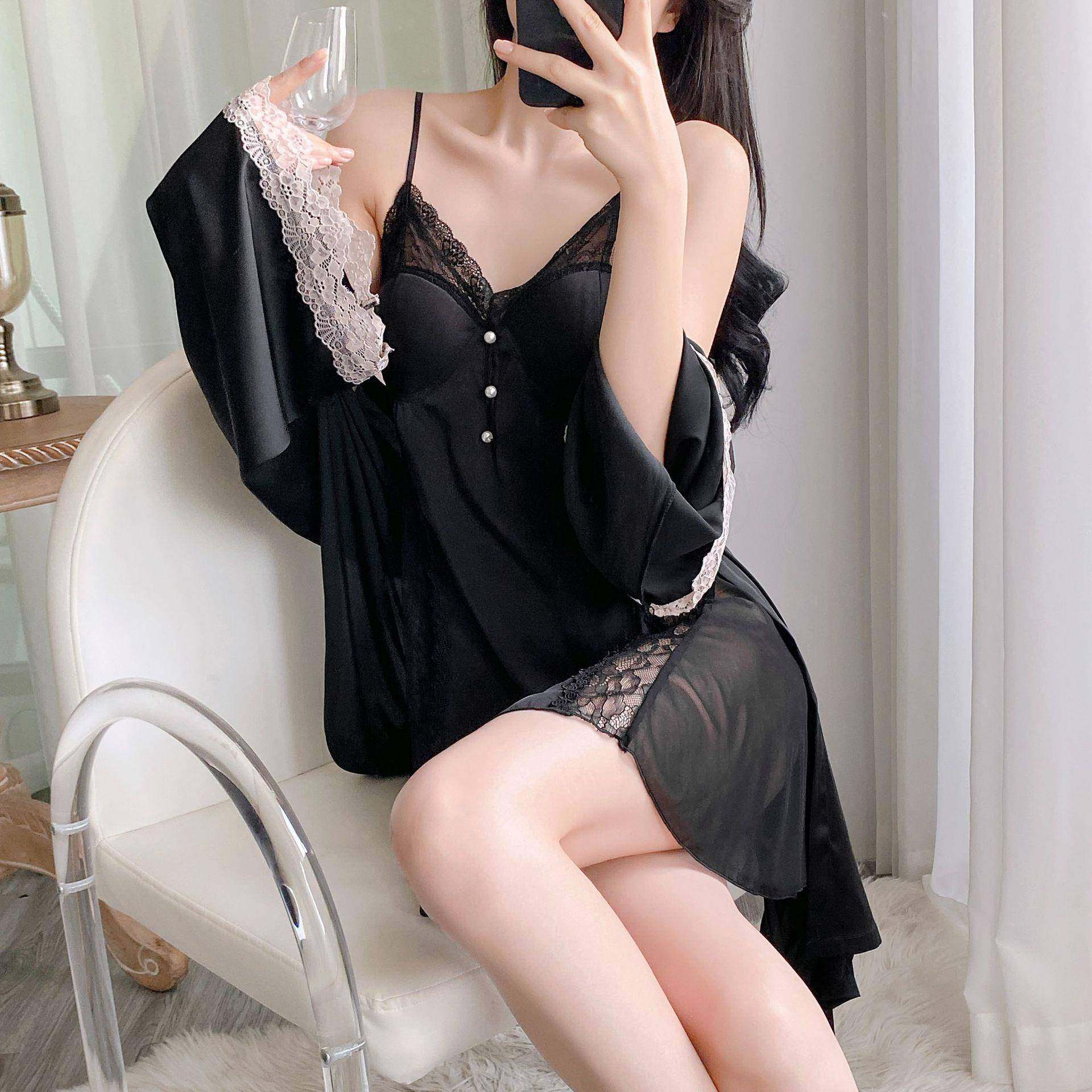 纯欲风性感可爱女生睡裙套装 冰丝吊带裙外袍两件套舒适家居服,淘宝优惠券,粉丝福利购,淘宝优惠卷