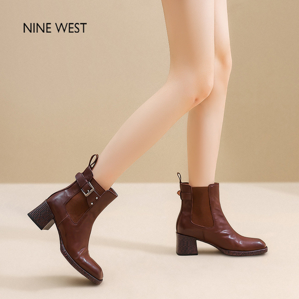 奥莱专供Nine West/玖熙真皮粗跟高跟鞋靴美拉德靴洋气小靴子女,淘宝优惠券,粉丝福利购,淘宝优惠卷