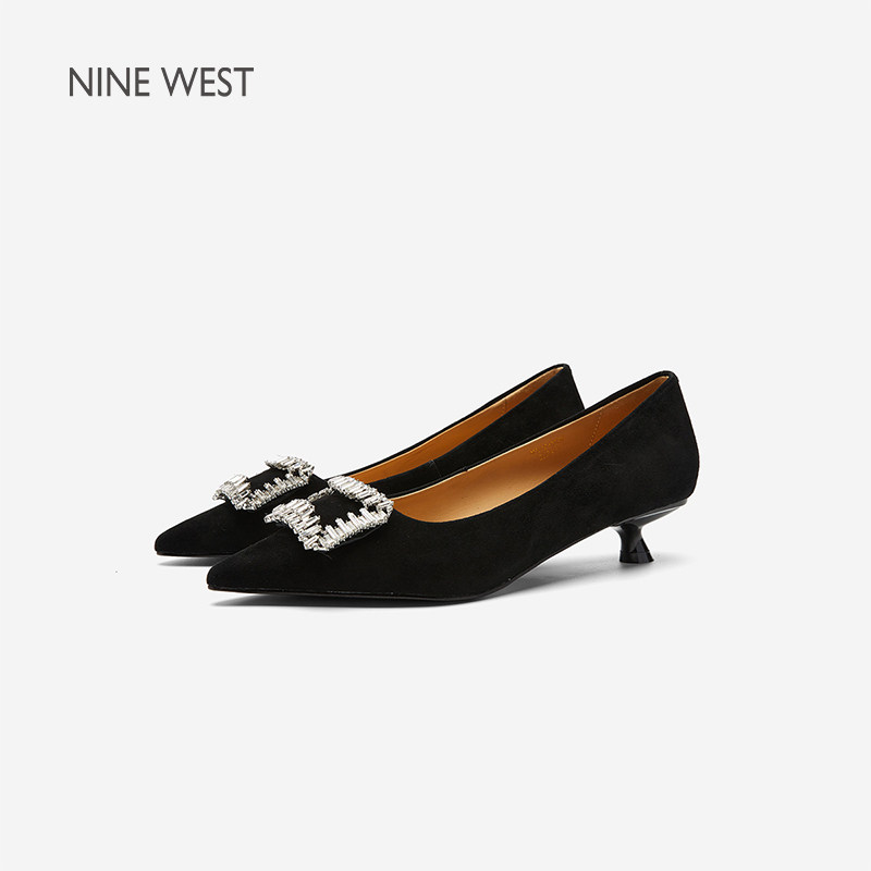 奥莱专供Nine West/玖熙2026年春中跟单鞋女尖头晶钻绒面猫跟女鞋