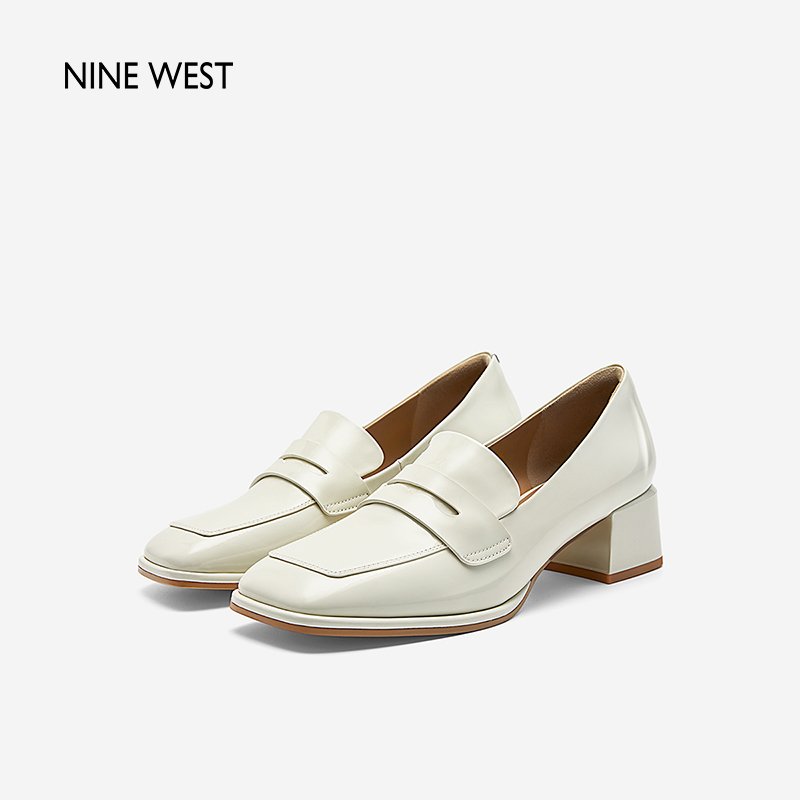 Nine West/玖熙2024年春季新款深口单鞋女中跟方头牛漆皮粗跟女鞋