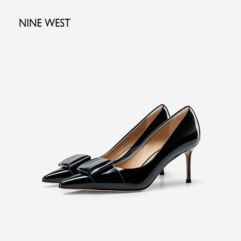 Nine West/玖熙高跟鞋2024年春季新款尖头细跟漆皮蝴蝶结通勤单鞋