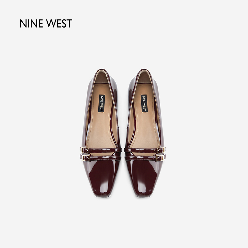 Nine West/玖熙2024年春季新款低跟单鞋女小方头漆皮并行扣带女鞋 - 图3