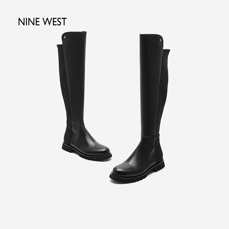 Nine West/玖熙2023年冬季新款平跟长筒靴女圆头羊皮舒适骑士靴子