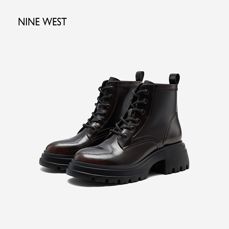 Nine West/玖熙2023年冬季新款马丁靴女中跟短靴圆头牛皮厚底女靴