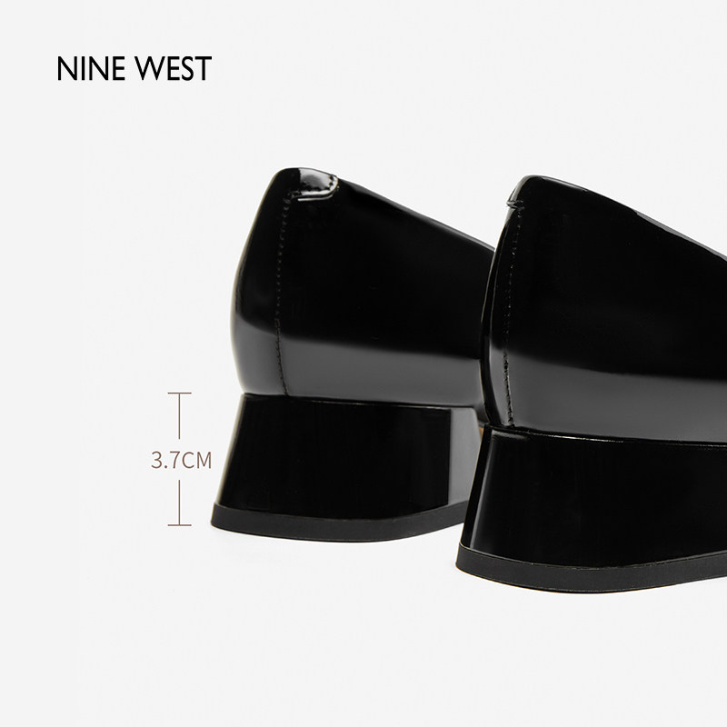 Nine West/玖熙2025春季新款深口单鞋铭牌扣饰亮面小皮鞋粗跟女鞋,淘宝优惠券,粉丝福利购,淘宝优惠卷