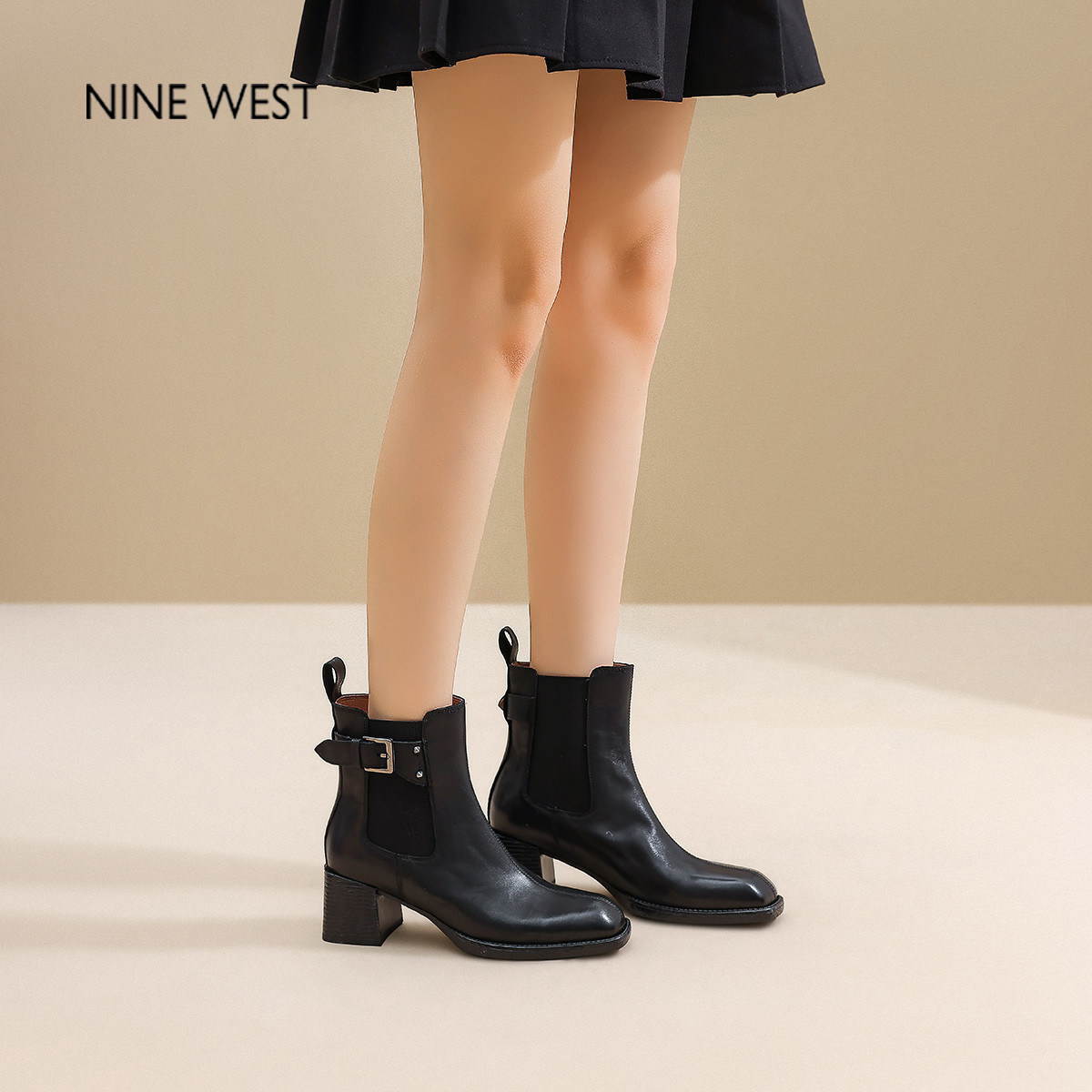 奥莱专供Nine West/玖熙真皮粗跟高跟鞋靴美拉德靴洋气小靴子女,淘宝优惠券,粉丝福利购,淘宝优惠卷