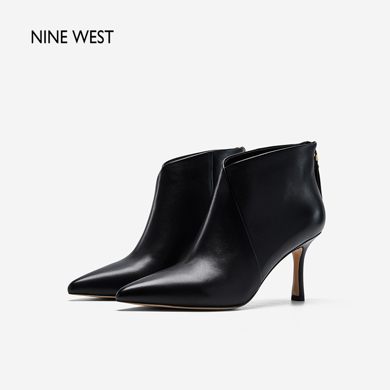 Nine West/玖熙2023年冬季新款高跟短靴女尖头羊皮通勤时装靴女靴-图0