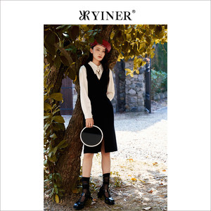 YINER音儿女装春季时尚假两件羊毛呢连衣裙