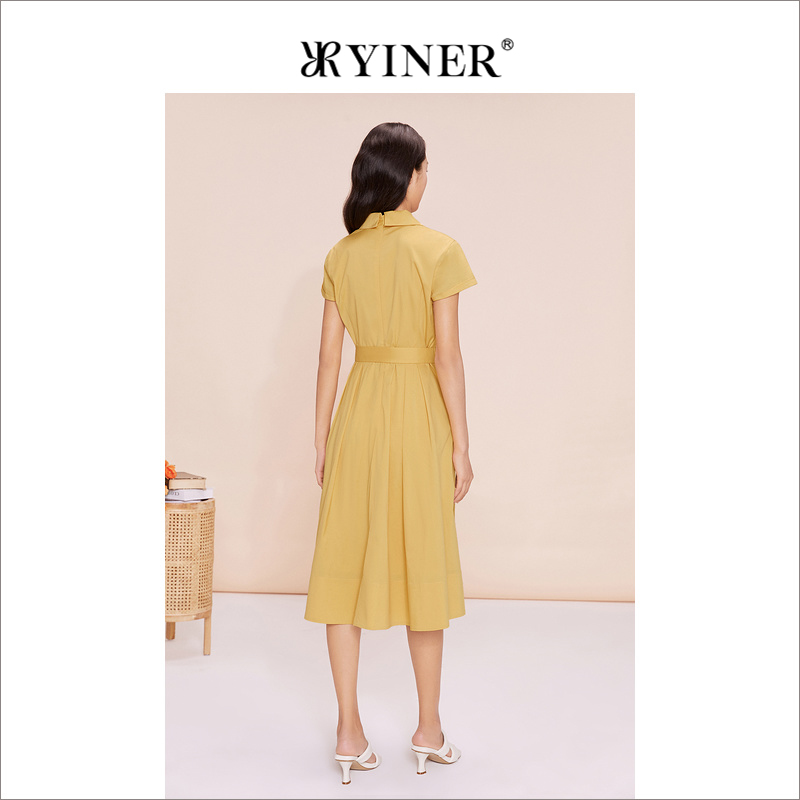 YINER音儿女装夏季法式优雅柠檬黄西装领连衣裙-图2