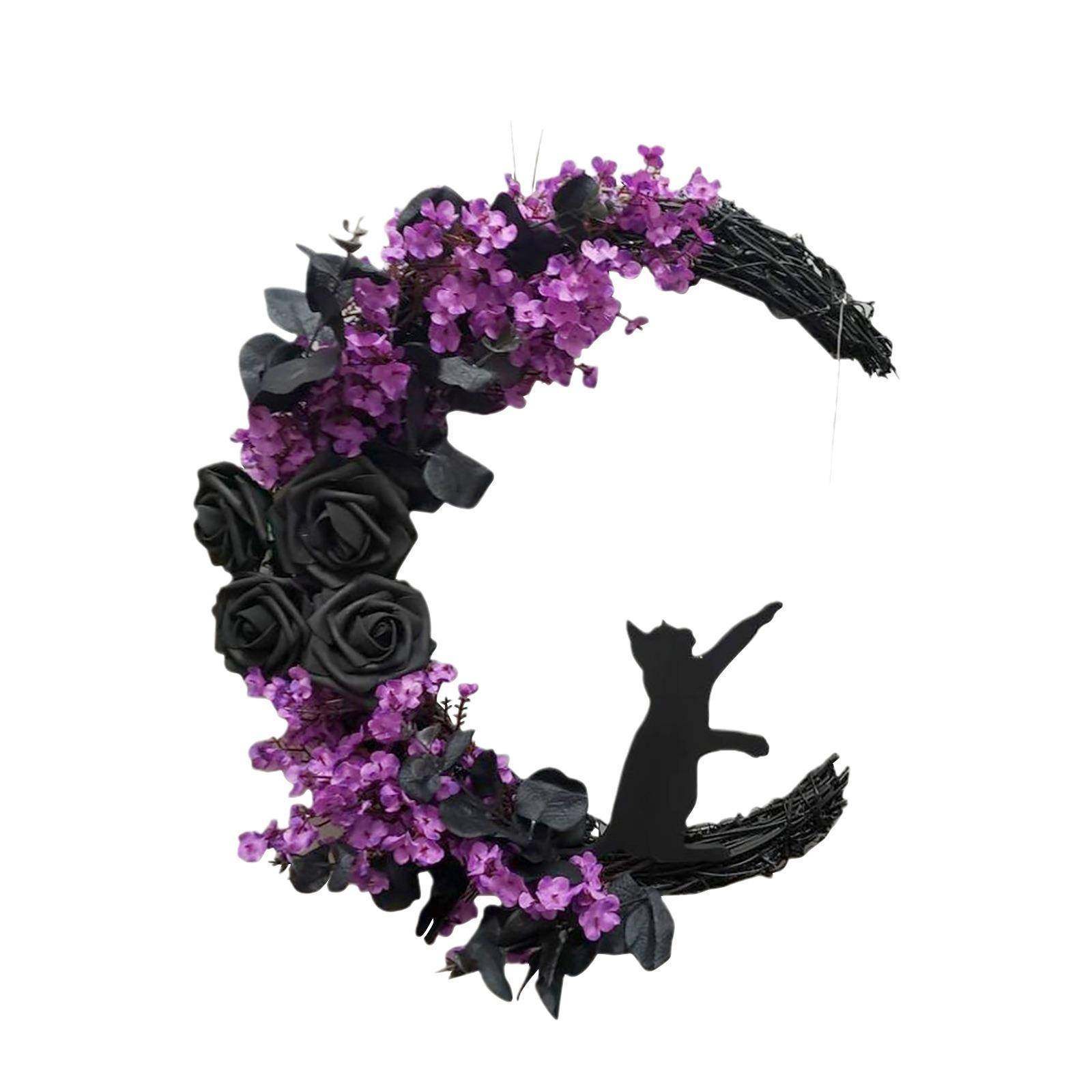 新款弯月猫咪花环门挂创意万圣节仿真植物藤圈家居装饰壁挂,淘宝优惠券,粉丝福利购,淘宝优惠卷