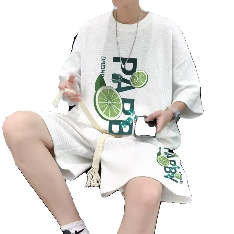 特大码300斤港风华夫格男短袖T恤短裤两件套夏季搭配帅气潮牌套装,淘宝优惠券,粉丝福利购,淘宝优惠卷