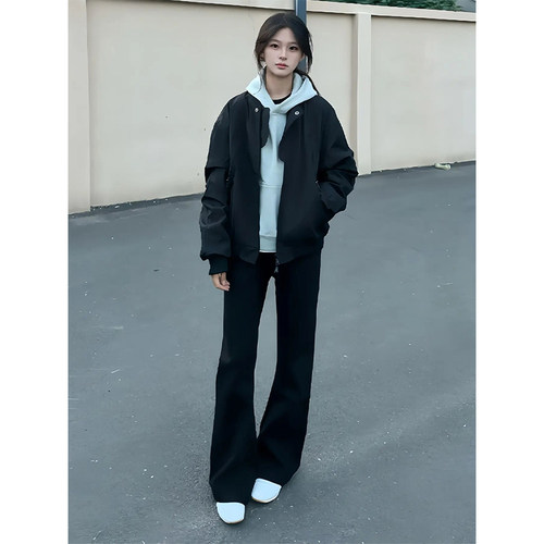 黑色517柳叶弯刀牛仔裤男款秋冬加绒美式cleanfit修身显瘦微喇裤 - 图1