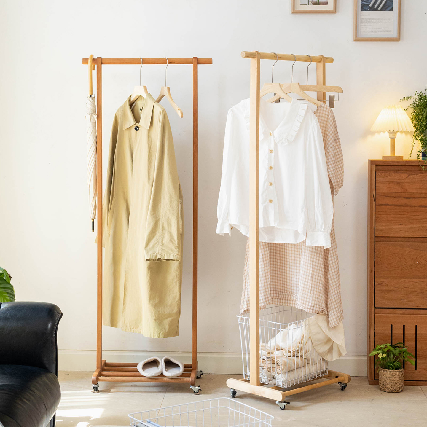 挂衣架可移动实木次净衣架家用卧室简约衣帽架脏衣篓收纳置物架子 - 图2