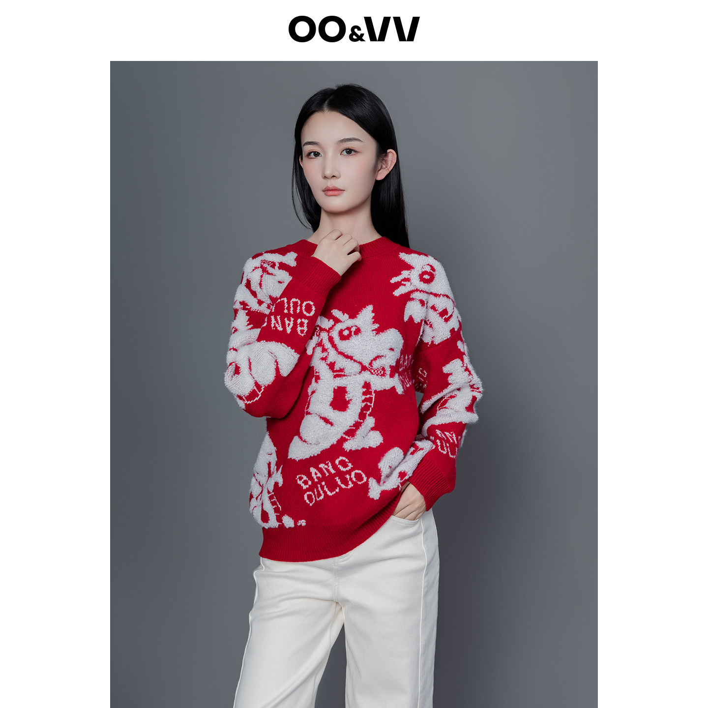 oo&vv红色印花卡通龙针织衫女2025秋冬新款圆领宽松显瘦百搭毛衣,淘宝优惠券,粉丝福利购,淘宝优惠卷