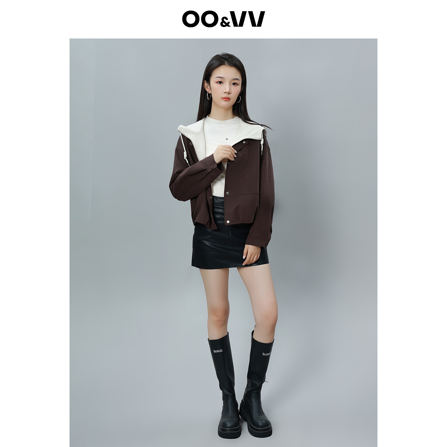 oo&vv拼接假两件连帽短外套女2025秋新修身显瘦百搭休闲保暖夹克 - 图3