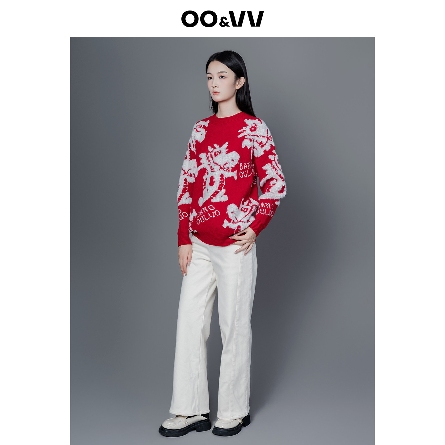 oo&vv红色印花卡通龙针织衫女2025秋冬新款圆领宽松显瘦百搭毛衣,淘宝优惠券,粉丝福利购,淘宝优惠卷