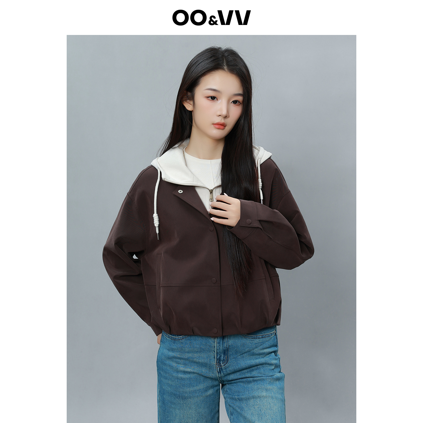 oo&vv拼接假两件连帽短外套女2025秋新修身显瘦百搭休闲保暖夹克 - 图2