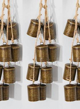 热卖复古牛铃铁皮筒麻绳铃铛串圣诞节家居装饰壁挂铃铛