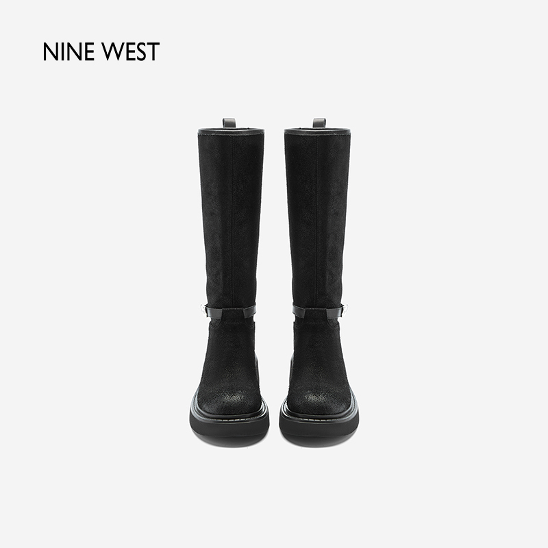 Nine West/玖熙冬季清仓骑士靴女黑色百搭圆头高跟长筒靴百搭女鞋 - 图1