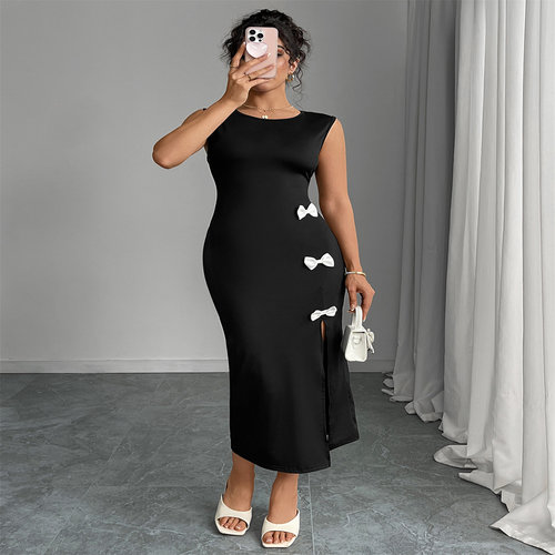 Black Bow Slit Bodycon Dress 法式优雅黑白蝴蝶结开叉修身长裙 - 图1