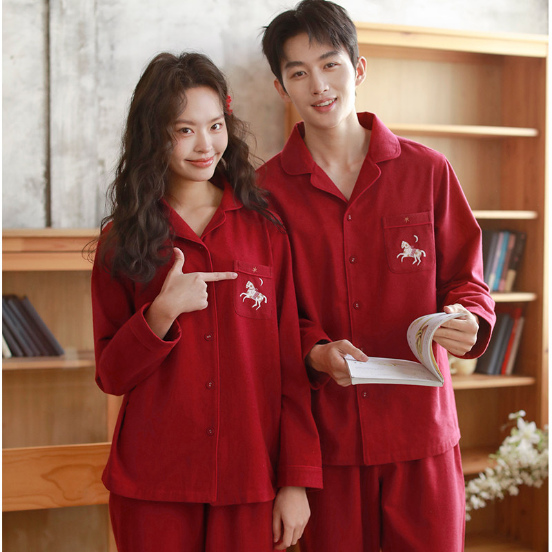 红色本命年情侣睡衣男女纯棉翻领家居服套装新年红马刺绣可外穿,淘宝优惠券,粉丝福利购,淘宝优惠卷