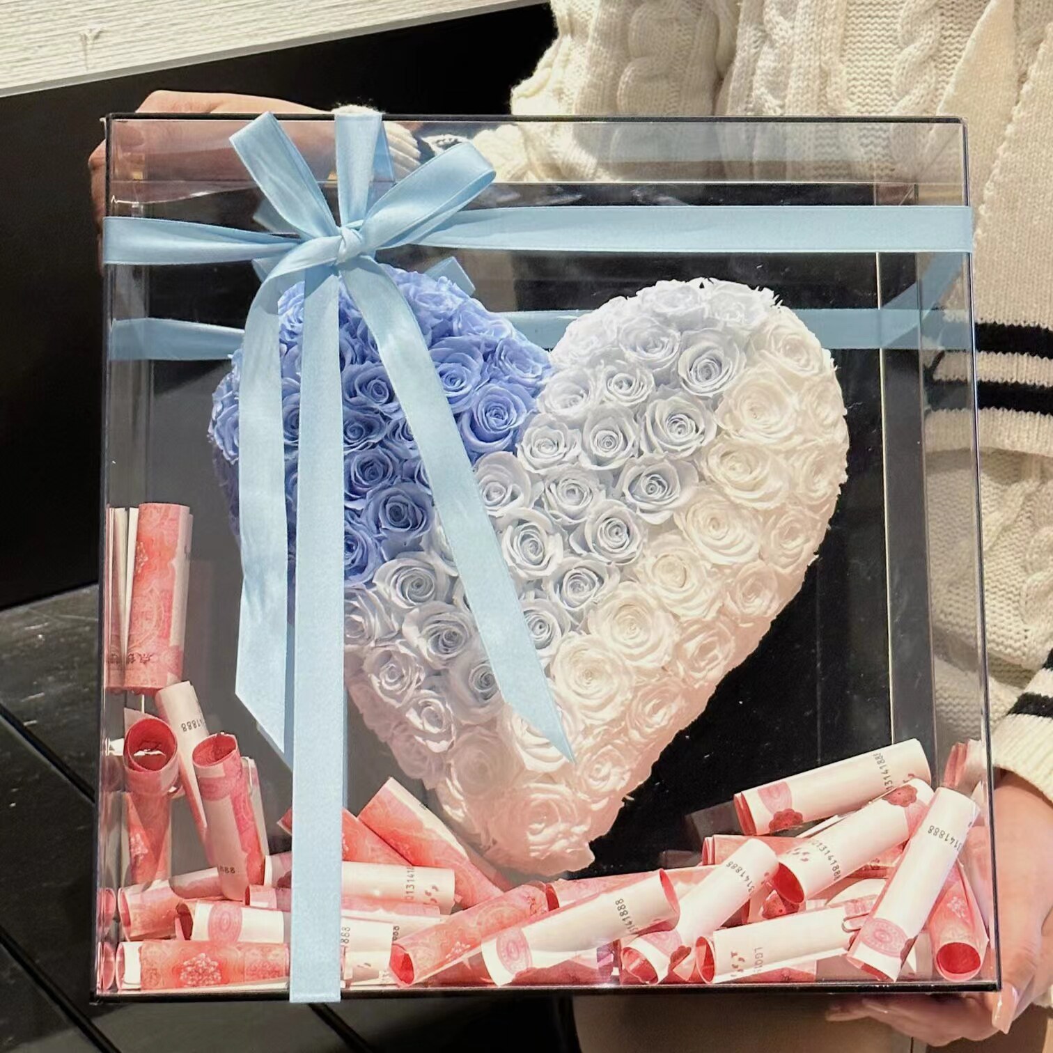 有钱花永生花玫瑰爱心镜面礼盒送女友闺蜜老婆生日结婚七夕节礼物