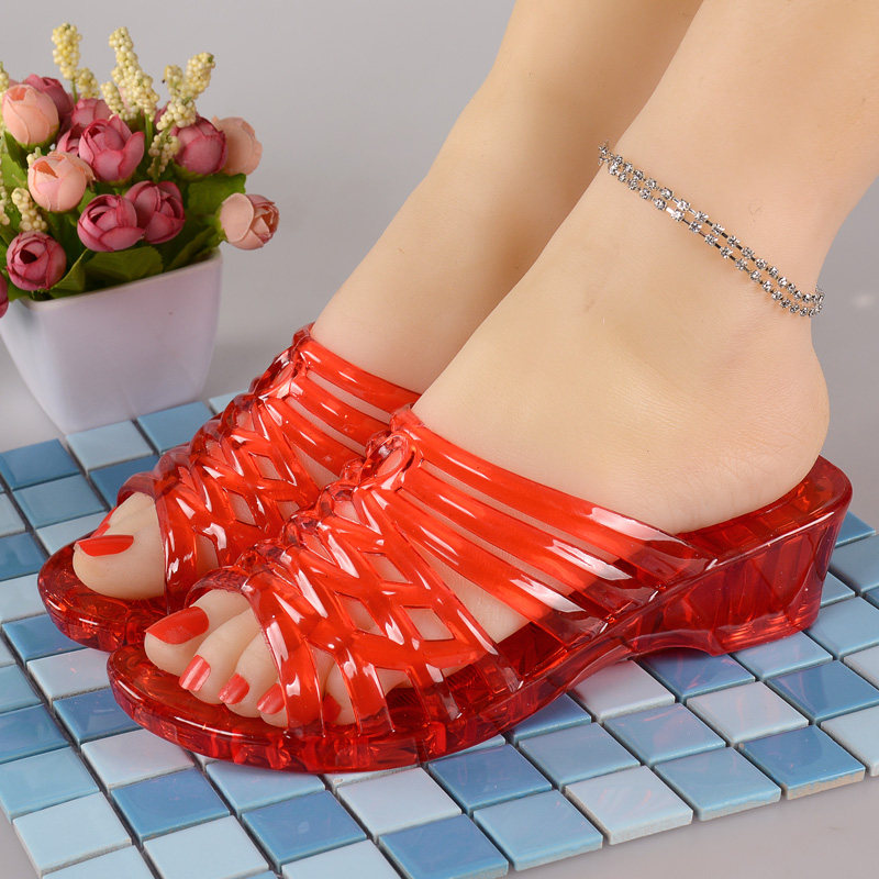 浴室拖鞋女夏季居家居室外洗澡防滑水晶硬底塑料厚底中跟坡跟凉拖