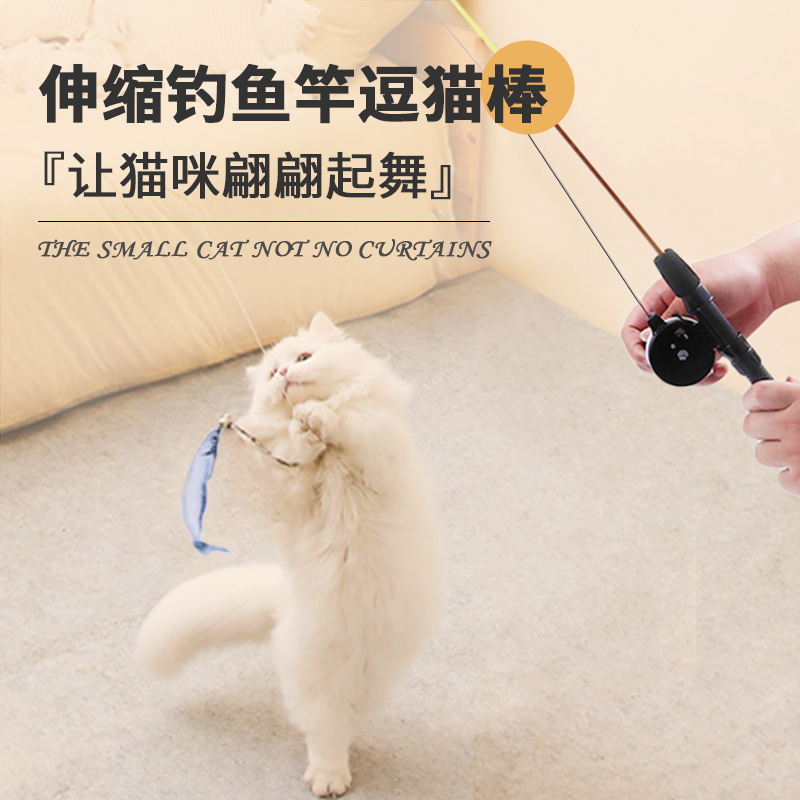 可伸缩逗猫棒钓鱼竿羽毛超长逗猫杆互动小鱼可替换解闷猫咪玩具 - 图0