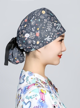 女全棉透气薄款印花长发护士帽