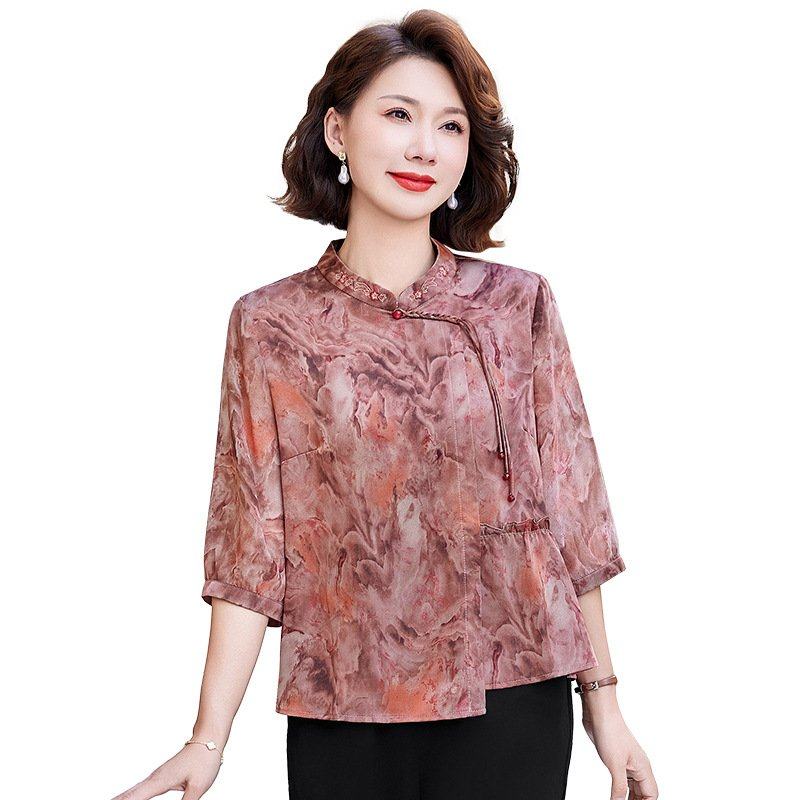 妈妈夏装新中式小衫套装2025新款中老年女装春夏季七分袖雪纺上衣,淘宝优惠券,粉丝福利购,淘宝优惠卷