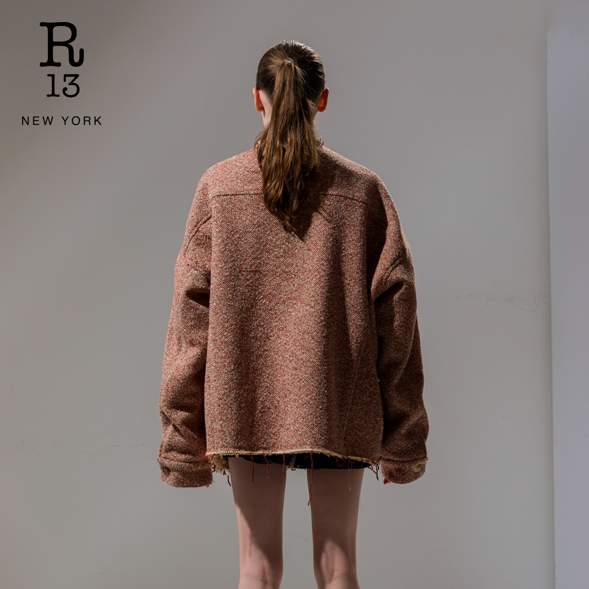 R13 2025秋冬新品 宽松廓形休闲松弛感粗花呢夹克外套 - 图1