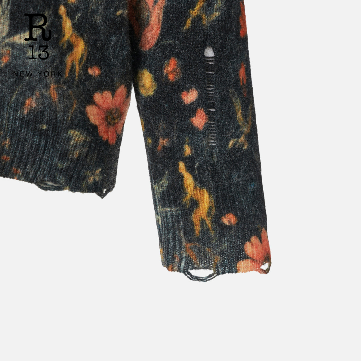 R13 2025秋冬新品 宽松做旧解构风复古花卉印花针织开衫毛衣,淘宝优惠券,粉丝福利购,淘宝优惠卷