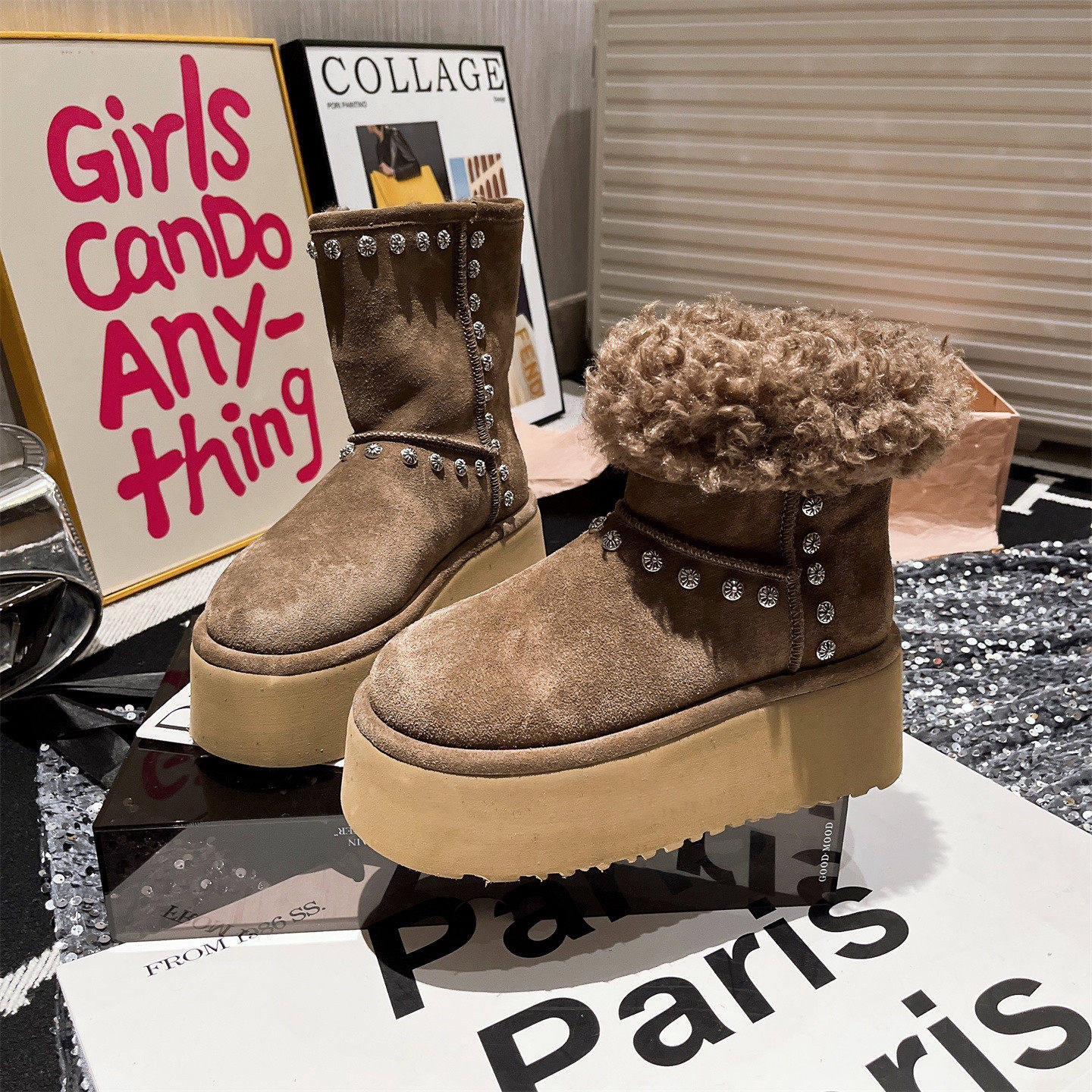 小众款复古水钻毛毛鞋翻领两穿小个子冬季雪地棉靴厚底勃肯靴女鞋,淘宝优惠券,粉丝福利购,淘宝优惠卷