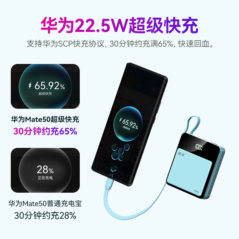 紫米自带线充电宝10000毫安超薄小巧便携22.5W超级快充20W PD双向官方旗舰店适用于苹果小米华为手机移动电源 - 图2