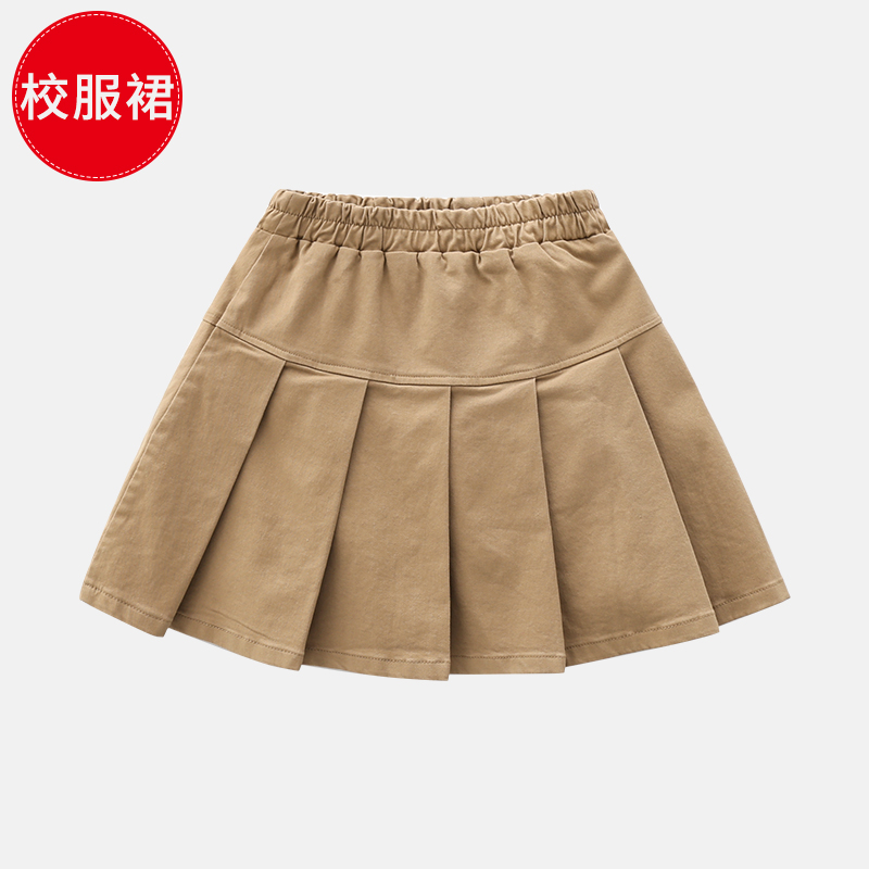 儿童夏季短裙女童半身裙校服裙子小学生百搭半裙卡其色百褶裙秋女