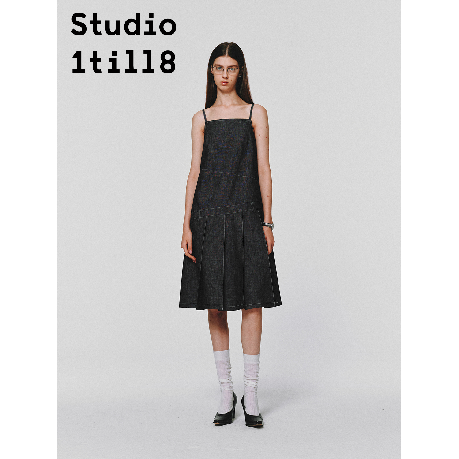 Studio1till8｜全棉仿牛仔色织度假风拼接百褶吊带裙