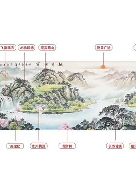 旭日东升山水画手绘国画客厅挂画字画背景墙聚宝盆八方聚财装饰画