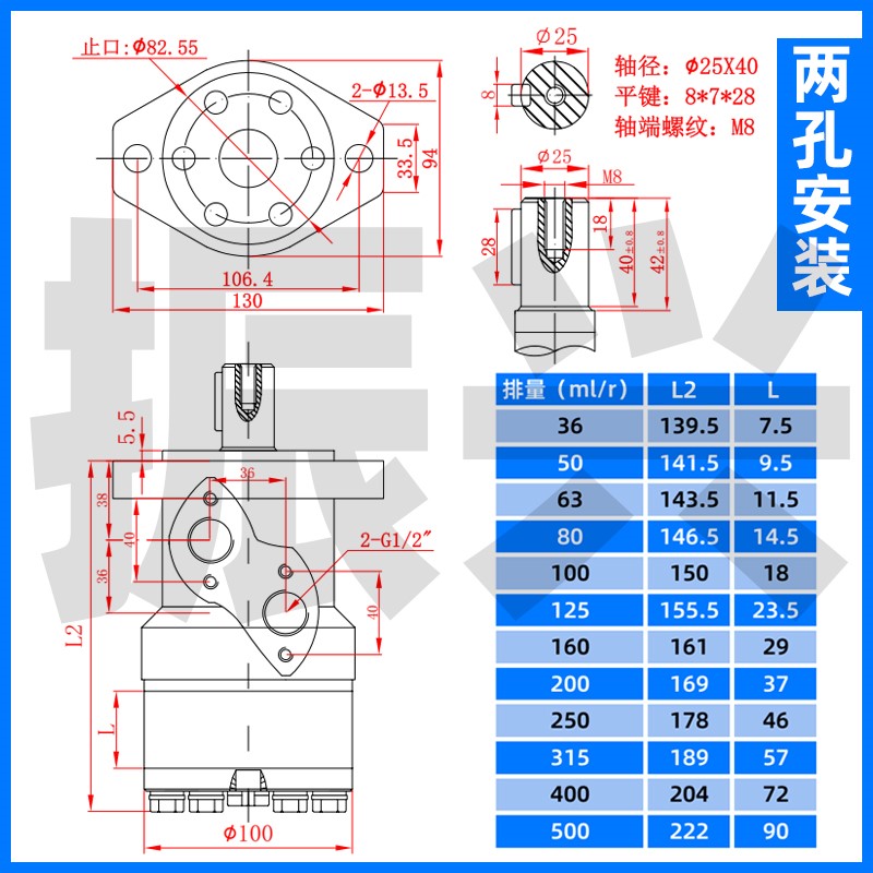 液压马达低速大扭矩BM2/BMR125/63/80/100/250/315/400/36 油马达 - 图1