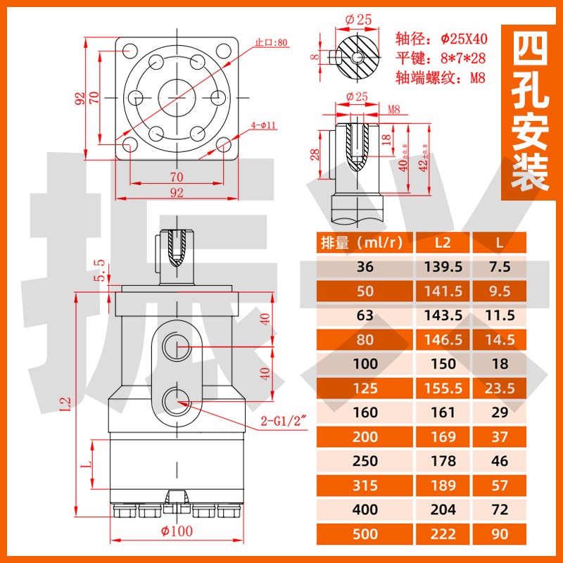 液压马达低速大扭矩BM2/BMR125/63/80/100/250/315/400/36 油马达 - 图2