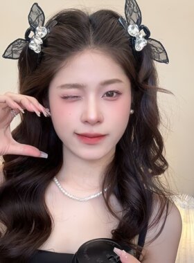 黑色蕾丝蝴蝶结刘海小抓夹女高级感2026年新款高端侧边发夹子头饰