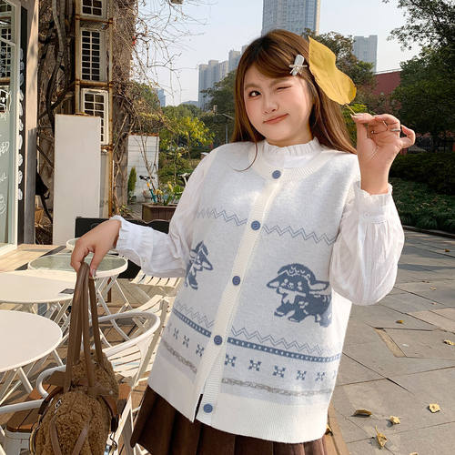 YUZI鱼子复古小羊提花针织开衫马甲女甜美宽松内搭文艺大码女装 - 图2