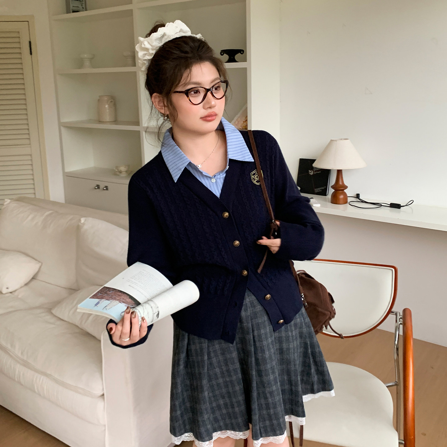 YUZI鱼子假两件针织开衫女韩系学院风特大码藏青色设计感毛衣开衫,淘宝优惠券,粉丝福利购,淘宝优惠卷