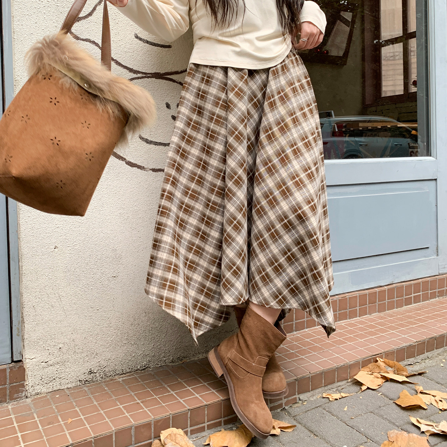 YUZI鱼子咖色格纹半身裙长款英伦复古不规则百搭遮肉显瘦大码女装,淘宝优惠券,粉丝福利购,淘宝优惠卷