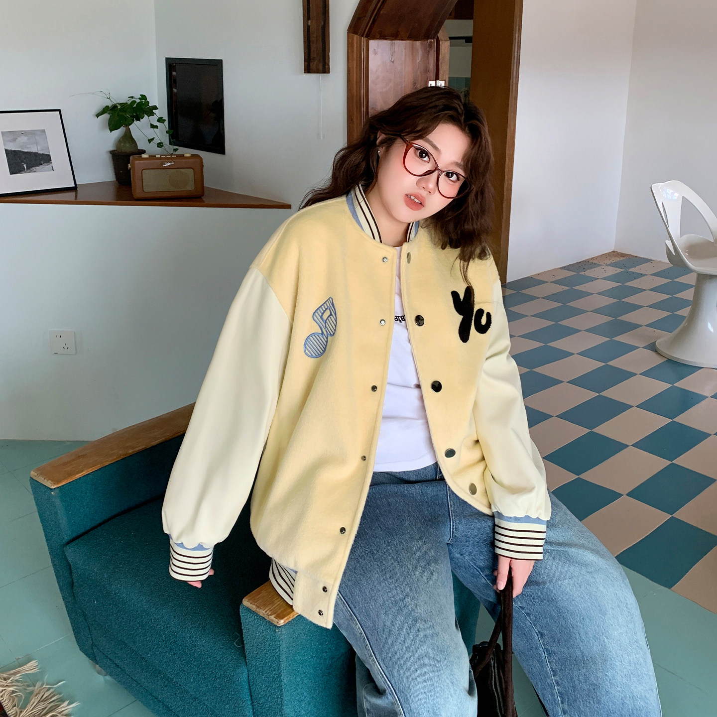 YUZI鱼子加厚棒球服外套特大码女装羊毛呢拼接蛋白皮复古秋冬胖mm,淘宝优惠券,粉丝福利购,淘宝优惠卷