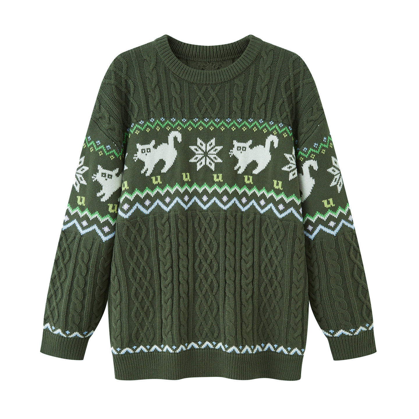 YUZI鱼子复古橄榄绿费尔岛针织毛衣慵懒氛围感宽松针织衫大码女装,淘宝优惠券,粉丝福利购,淘宝优惠卷