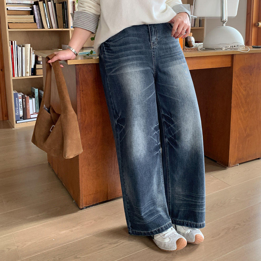 YUZI鱼子后松紧阔腿牛仔裤特大码女装高腰拖地水洗做旧复古胖mm,淘宝优惠券,粉丝福利购,淘宝优惠卷