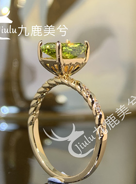 培育冰花切2克拉雷迪恩橄榄绿戒指厚镀18K金镶嵌6*8长方钻戒彩宝