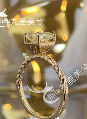 培育冰花切2克拉雷迪恩艳彩黄戒指厚镀18K金镶嵌6*8长方钻戒彩宝