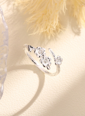 桃花戒指女花朵关节戒求婚告白礼物日系甜美精致三朵梅花树枝指环